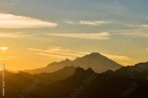 USA  Washington State  North Cascades. Mount Baker at sunset  as seen from Lookout Mountain summit.