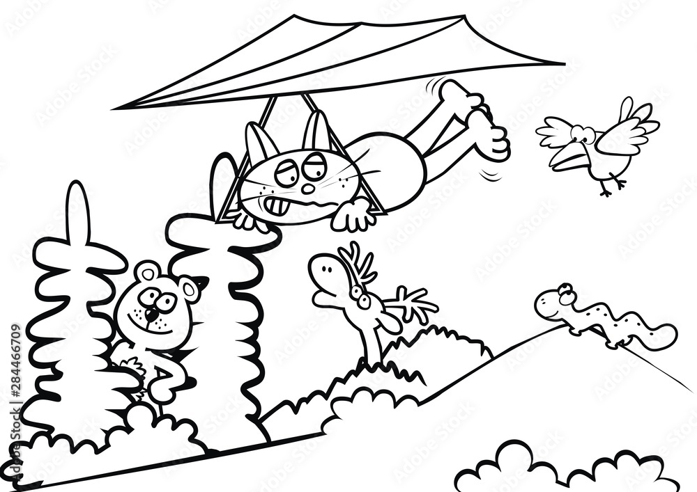 Obraz premium Group of animals in nature, black and white funny illustration, coloring book, vector