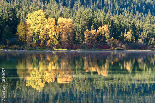 Autumn reflection, Lake Wenatchee, Wenatchee National Forest, Washington State, USA.