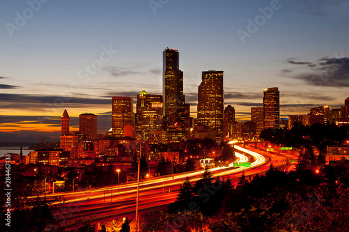 USA, Washington, Seattle. Seattle skyline at dusk.