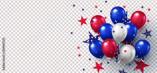 Background with festive realistic balloons with ribbon in national colors of the american flag and with stars pattern isolated on background. USA greeting banner for sale, discount, advertisement, web
