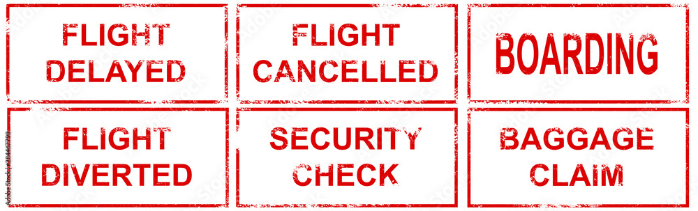 set of airport stamps with flight cancelled delayed diverted boarding security check baggage claim lettering for boarding pass isolated on white background plain view of design element for air travel set of airport stamps with flight cancelled delayed diverted boarding security check baggage claim lettering for boarding pass isolated on white background plain view of design element for air travel