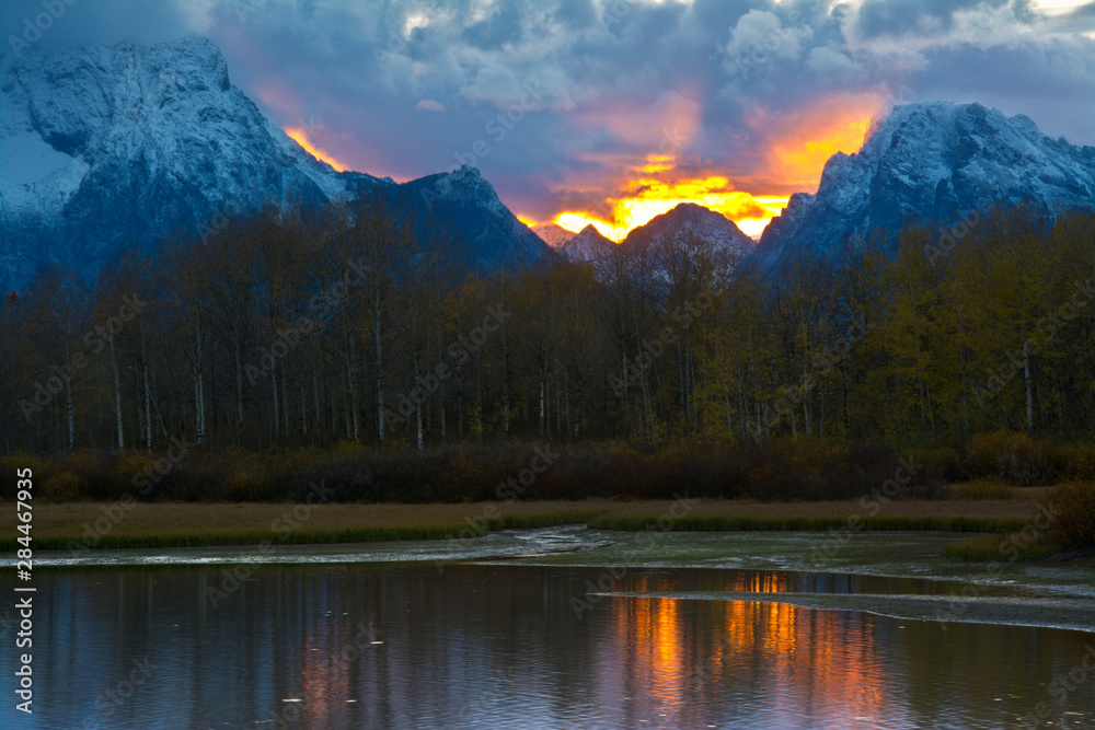 Sunset, Oxbow, Mount Moran, Grand Teton National Park, Wyoming, USA