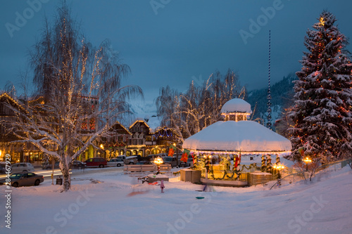 WA, Leavenworth, Bavarian style village, Gazebo and City Park, decorated with holiday lights photo