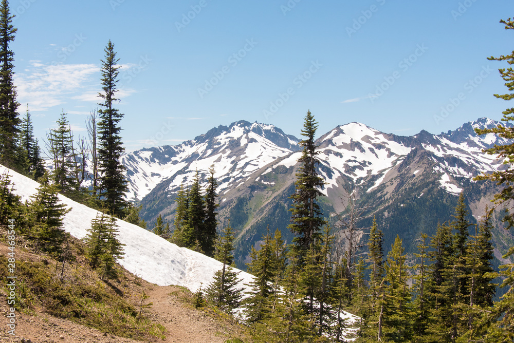 USA, Washington State. Marmot Pass trail still snow covered in parts. Grand vistas Olympic Mountains