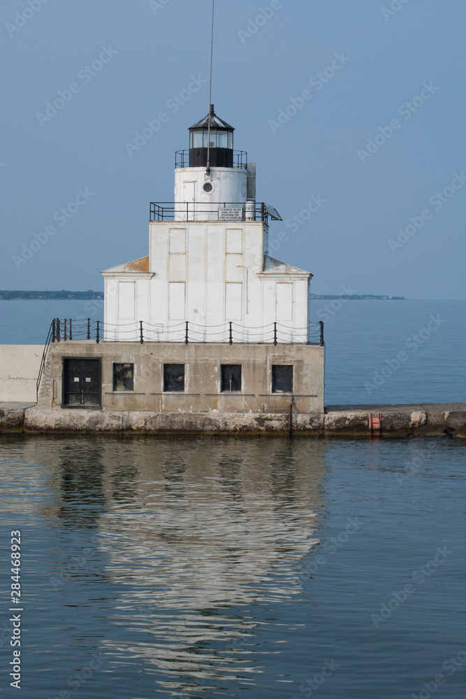 Wisconsin, Lake Michigan, Manitowoc. Historic Breakwater Light, circa 1918, located in Manitowoc Harbor at the mouth of the Manitowoc River.