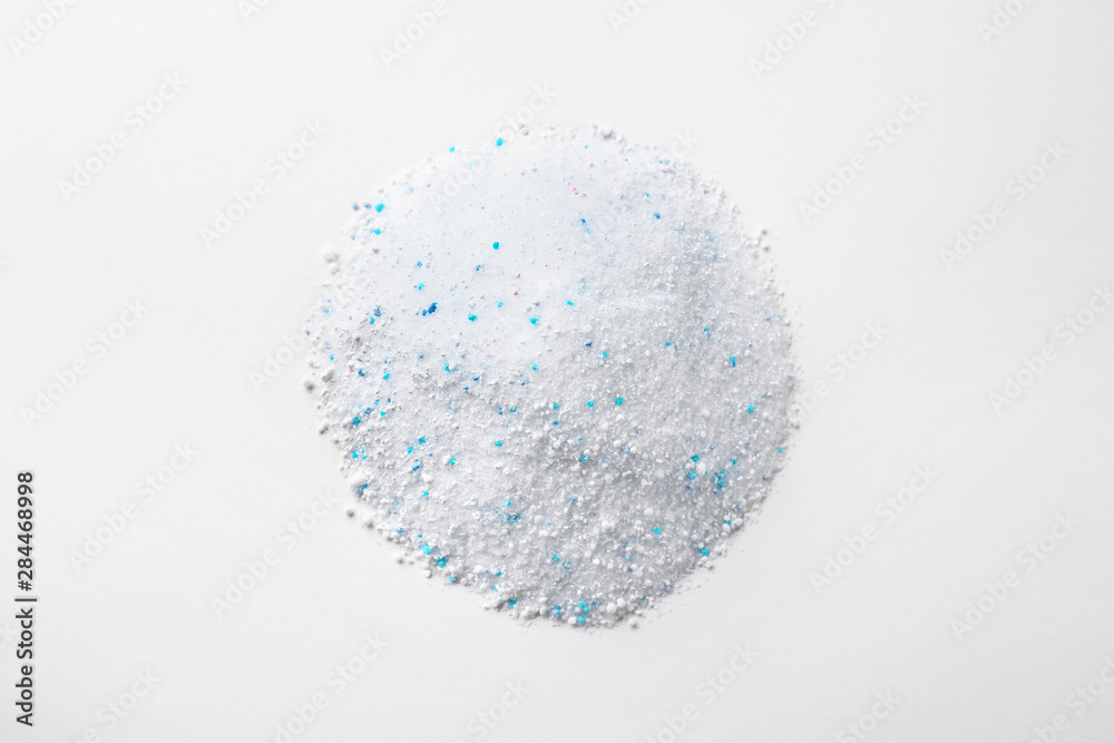 Pile of laundry powder isolated on white, top view