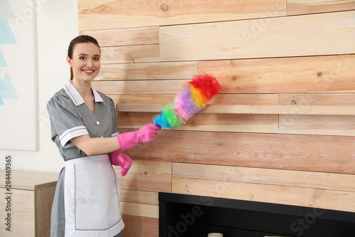 Young chambermaid wiping dust with brush in hotel room photo