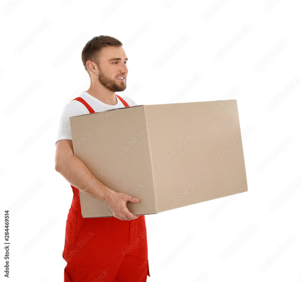 Young worker carrying box isolated on white. Moving service Young worker carrying box isolated on white. Moving service