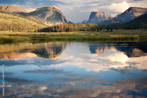 USA, Wyoming, Green River. Square Top Mountain reflects on Green River Lake.  photo