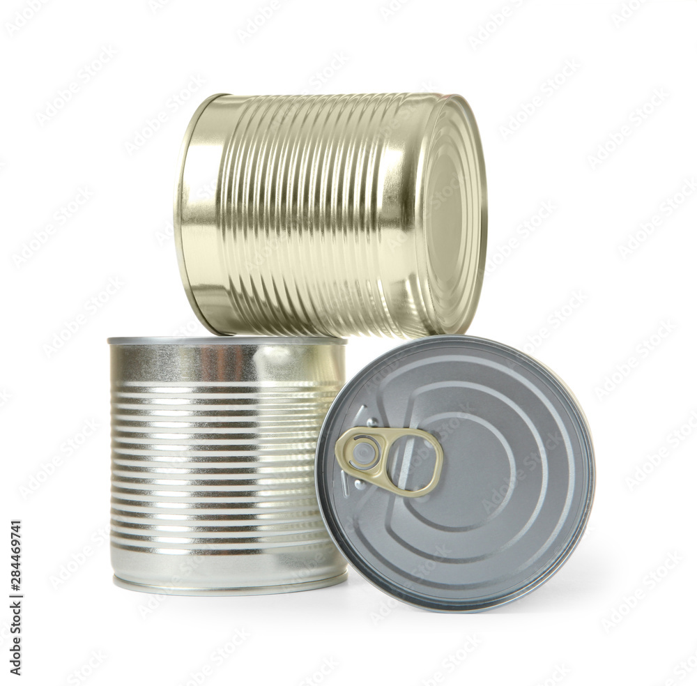 Closed tin cans isolated on white, mockup for design