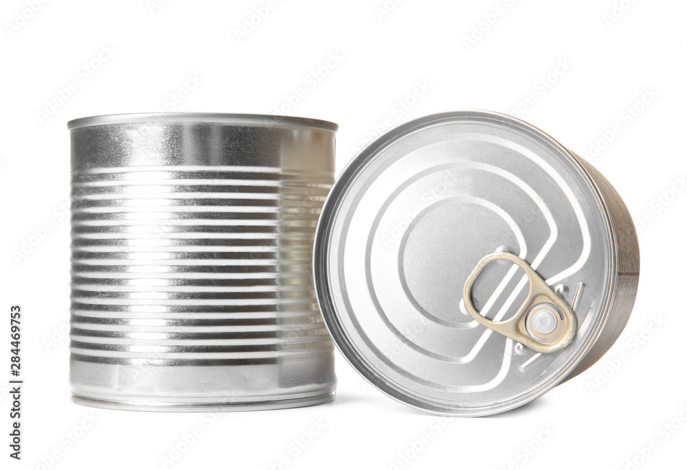 Closed tin cans isolated on white, mockup for design Closed tin cans isolated on white, mockup for design