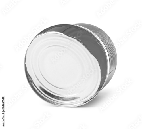 Open empty tin can isolated on white