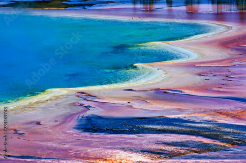 Pattern in bacterial mat around perimeter of Grand Prismatic Spring, Midway Geyser Basin, Yellowstone National Park, Wyoming.