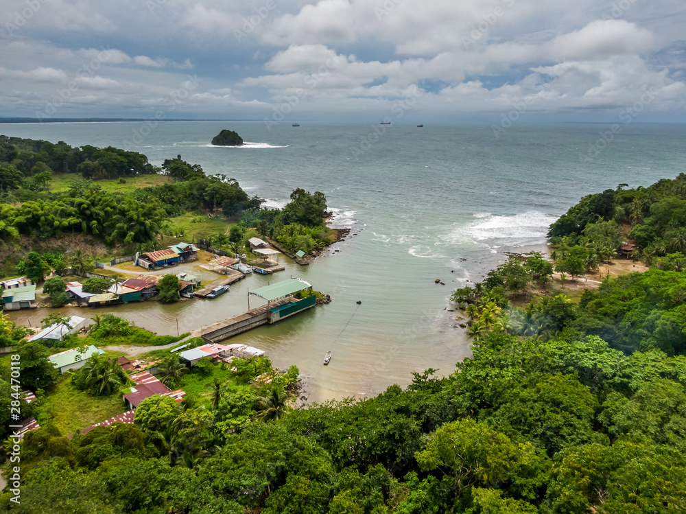 Beautiful aerial view of Limon Center and Beach in Costa Rica 