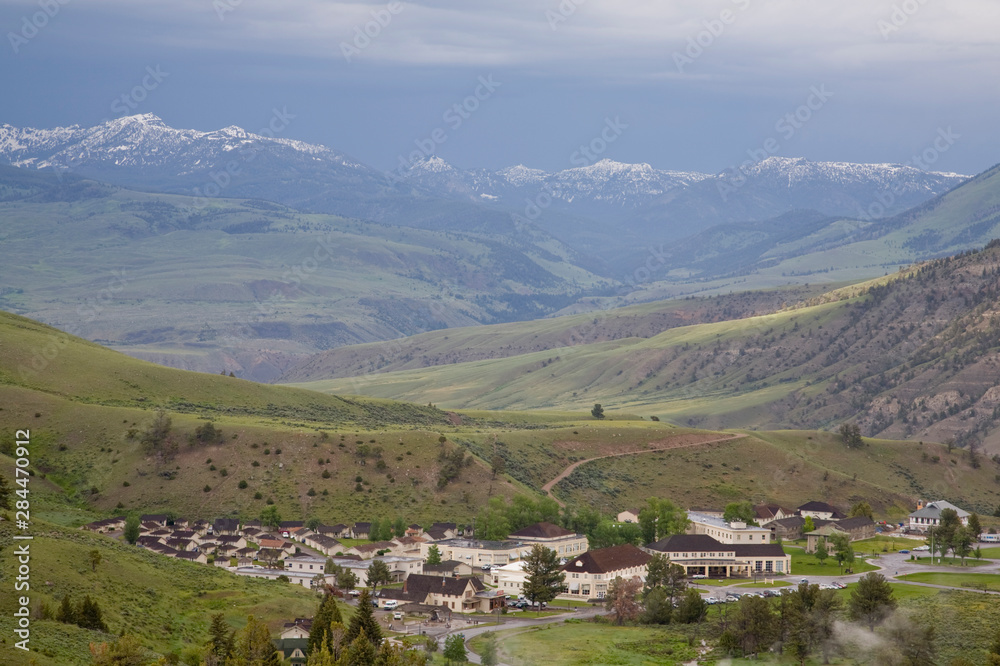 WY, Yellowstone National Park, Mammoth Hot Springs, view of the village from the Travertine Terraces