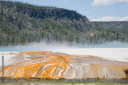WY, Yellowstone National Park, Black Sand Basin, Rainbow Pool and Sunset Lake, and colorful bacterial mat