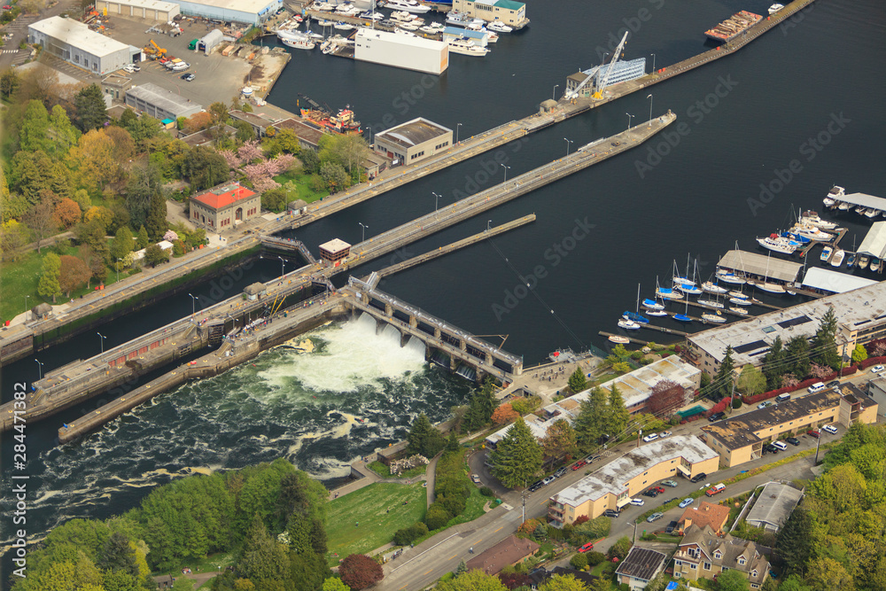 Aerial view of Hiram M Chittenden Locks, Seattle, Washington State, USA