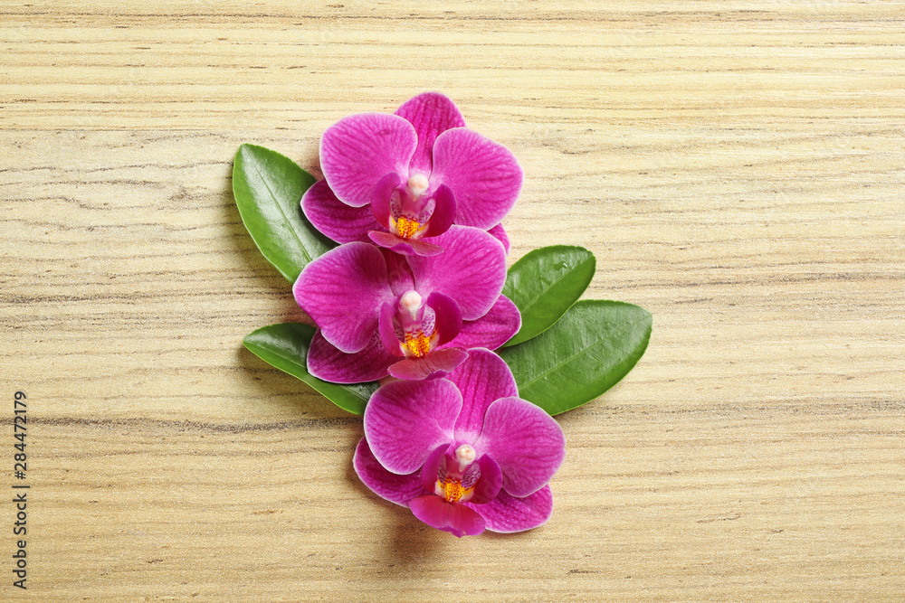 Top view of beautiful orchid flowers with green leaves on wooden background Top view of beautiful orchid flowers with green leaves on wooden background