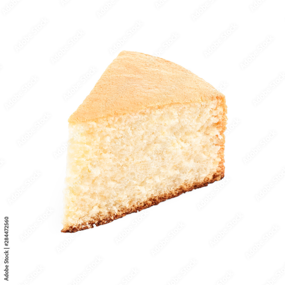 Piece of delicious fresh homemade cake on white background