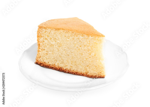Piece of delicious fresh homemade cake on white background