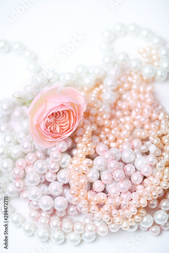 gentle pink rose and pearl beads on white background. flower and jewels. pearl necklace with beautiful rose, pastel tones. Concept greeting cards for wedding, birthday, Valentine Day, Mother day.  