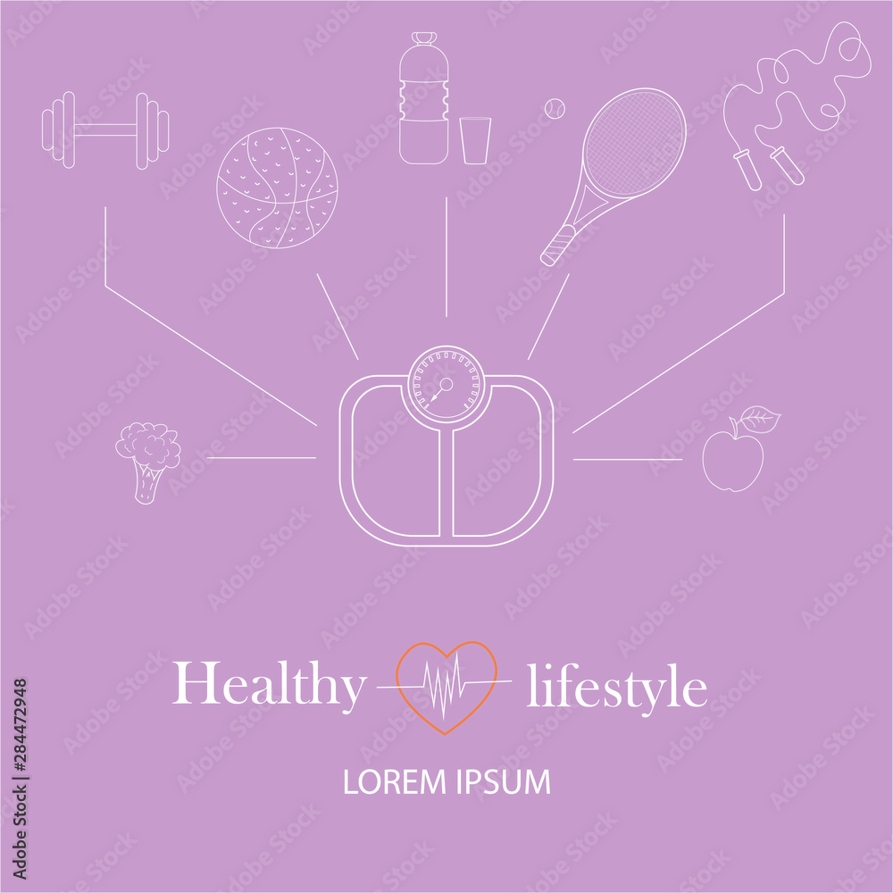Fototapeta premium Flat icons vector illustration on the theme of healthy lifestyle for advertising on the website. Infographics on the topic of healthy eating and an active lifestyle for banner screensavers.4