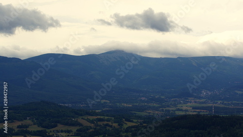 Mount Sniezka in the clouds and at the foot the mountain is Karpacz