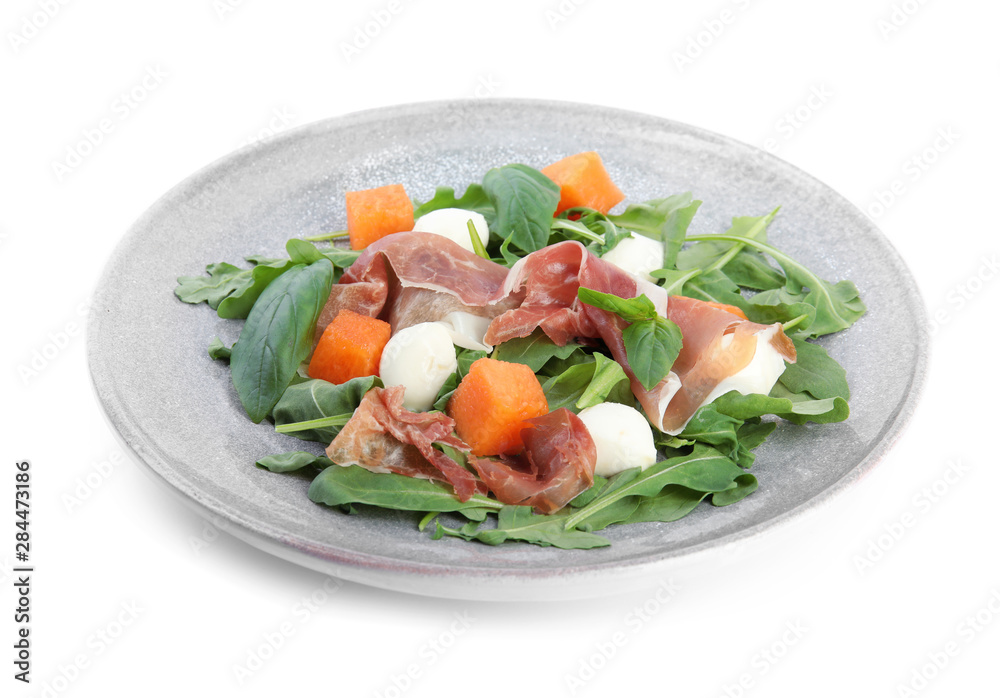 Fresh melon with prosciutto, mozzarella and arugula on white background