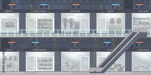 Shopping mall with modern retail store with many shops.