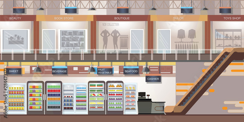 Shopping mall with modern retail store and supermarket.