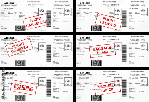 airline boarding pass air travel flight ticket isolated on white paper background top down plain view of airplane passenger document for trip with dummy lettering and code design copy space mockup