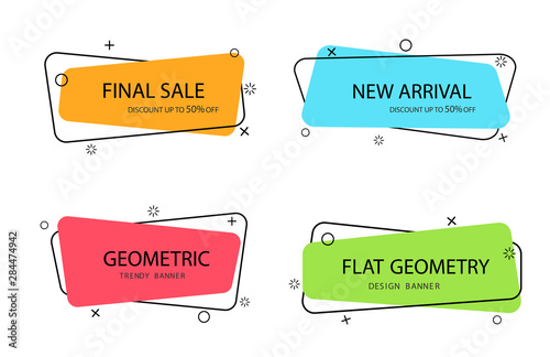 Set of trendy banner with flat shape. Design label element with geometric shape for discount sale.Vivid background template with title text for banner, label. vector illustration