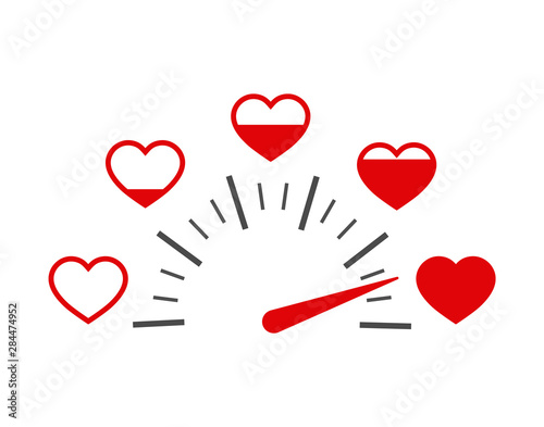 Love heart indicator.Full heart of love with speedometer icon. Love meter of Valentine's day in flat style.Measuring indicator of red hearts. vector illlustration