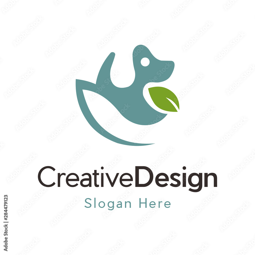 Obraz premium green leaf dog care logo, Dog Leaf Logo Vector Icon Illustration