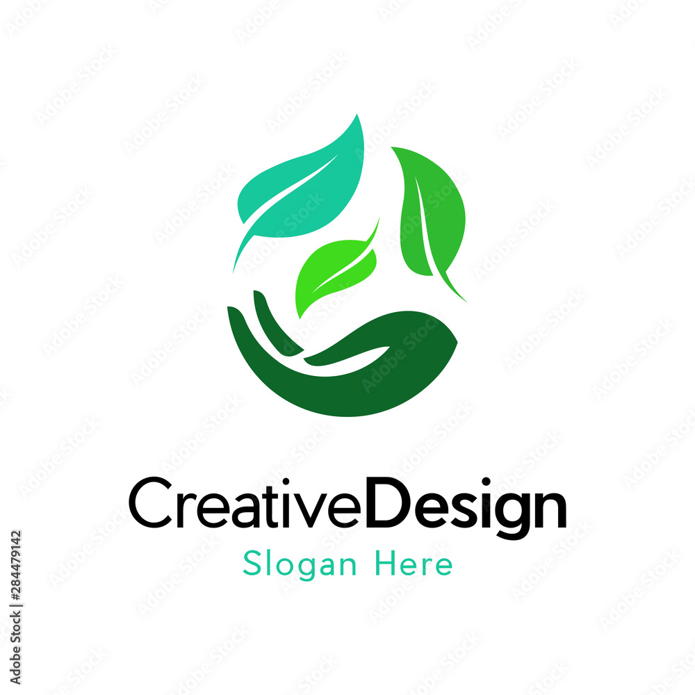 Leaf in hand logo. Organic Life symbol, Vector sign friendly environment, hand and leaf