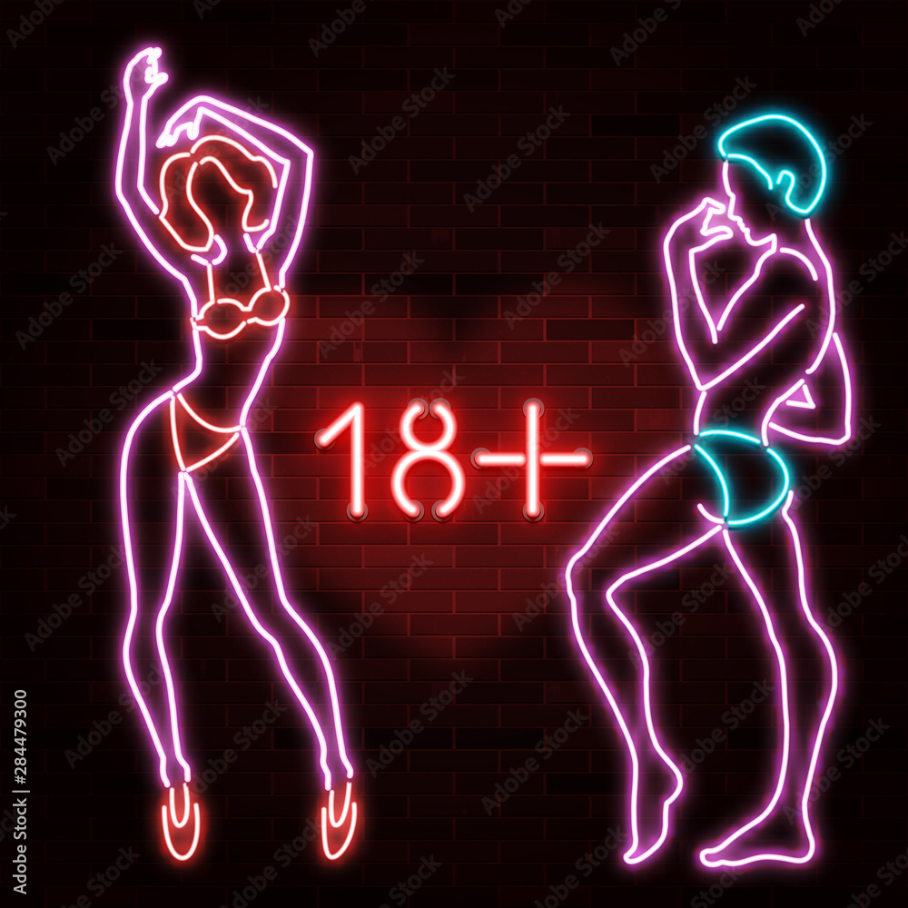 sueño Sotavento oasis 18+ banner with neon silhouette of sexy man and woman figures, beautiful  silhouettes, nightclub, striptease, sex shop advertisement, vector  illustration vector de Stock | Adobe Stock