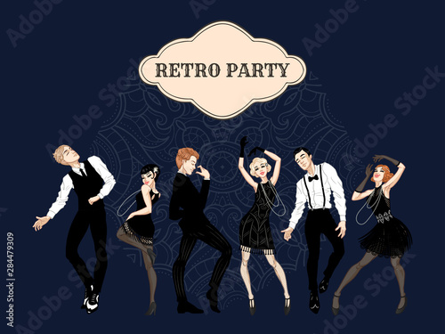 Retro party card, men and women dressed in 1920s style dancing, flapper girls, handsome guys in vintage suits, twenties, vector illustration