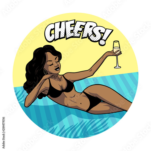 Beautiful African American black woman in bikini relaxing on beach with a glass, comic pop art style, cheers, vector illustration