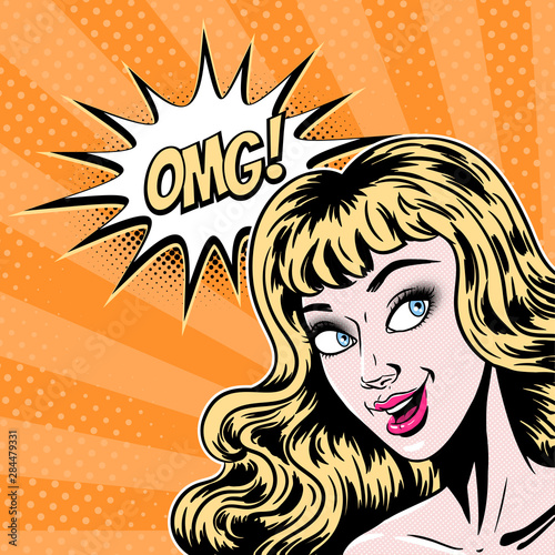 Comic style beautiful young blond woman surprised expression, open mouth, pop art girl banner, vector illustration