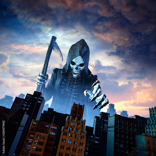 Quadro em tela Death and the city / 3D illustration of cloaked skeletal grim reaper reaching to