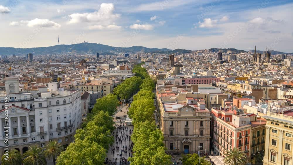 Barcelona Spain time lapse 4K, aerial view city skyline timelapse at La Rambla street Barcelona Spain time lapse 4K, aerial view city skyline timelapse at La Rambla street
