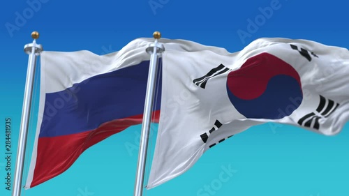 4k Seamless Republic of Korea and Russia Flags with blue sky background;A fully digital rendering;The animation loops at 20 seconds;KOR KR RUS RU. photo