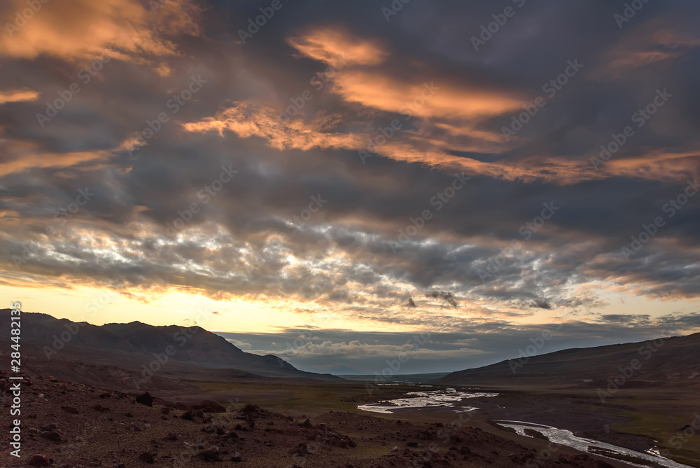 mountains dawn clouds sky river