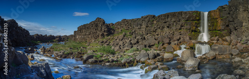 Panorama overview over the results of the eurasian and American tectonic plates that meets up in Thingvillir Iceland 