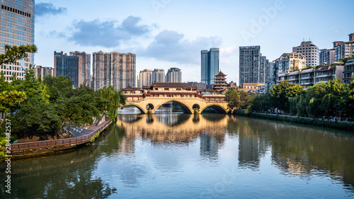 View of Anshun bridge on daytime and city and river panorama in Chengdu China