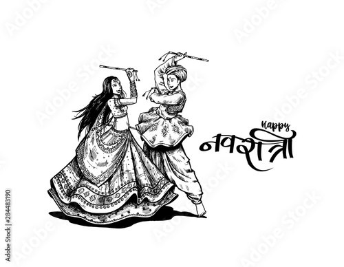 Celebrate navratri festival with dancing garba men & woman design vector, Hand Drawn Vector illustration.