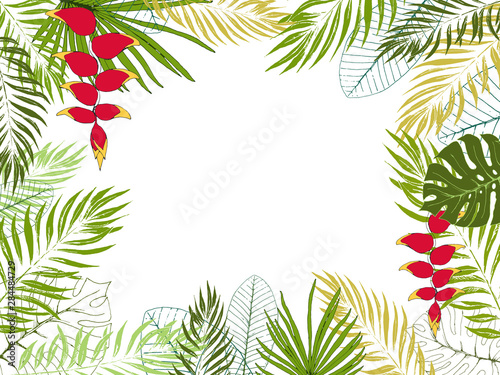 Eco tropical template with place for text. Jungle exotic frame of heliconia flowers, palm leaves, monstera leaves, frangipani. EPS8 vector illustration