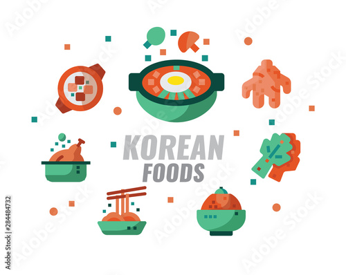 Korean foods, cuisine, recipes banner. Flat design vector illustration
