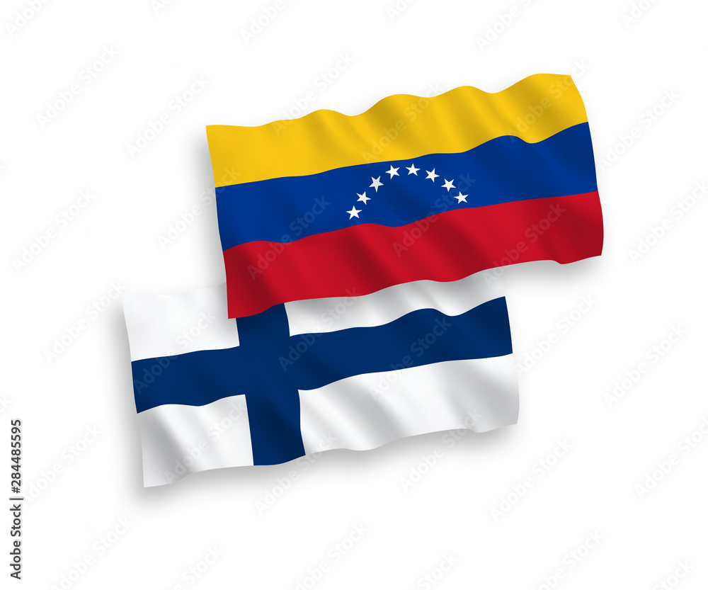 National vector fabric wave flags of Venezuela and Finland isolated on white background. 1 to 2 proportion.